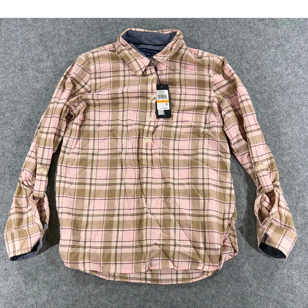 Tommy Hilfiger Womens Pink Plaid Popover Long Sleeve Shirt Roll Tab Size S NWT